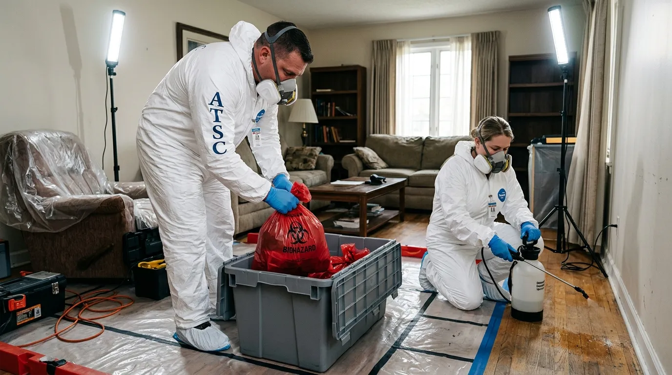 Professional Biohazard Cleanup technician in full PPE working in Cheyenne